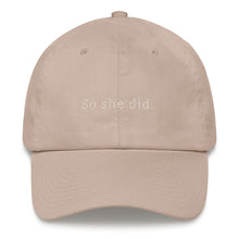 Load image into Gallery viewer, Stone embroidered empowering women&#39;s statement baseball hat. She believed she could....&#39;So She Did&#39; Ethically made. Still cute AF. [minimalist apparel//sweatshop free]