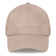 Load image into Gallery viewer, Stone embroidered empowering women&#39;s statement baseball hat. &#39;Compassion is cool&#39; Ethically made. Still cute AF. [minimalist apparel//sweatshop free]
