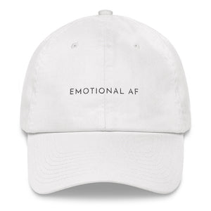 White embroidered empowering women's statement baseball hat. 'Emotional AF' Ethically made. Still cute AF. [minimalist apparel//sweatshop free]