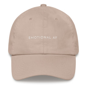 Stone embroidered empowering women's statement baseball hat. 'Emotional AF' Ethically made. Still cute AF. [minimalist apparel//sweatshop free]
