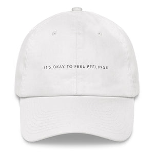White embroidered empowering women's statement baseball hat. 'It's okay to feel feelings' Ethically made. Still cute AF. [minimalist apparel//sweatshop free]