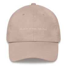 Load image into Gallery viewer, Stone embroidered empowering women&#39;s statement baseball hat. &#39;It&#39;s okay to feel feelings&#39; Ethically made. Still cute AF. [minimalist apparel//sweatshop free]