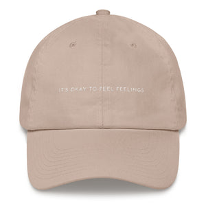 Stone embroidered empowering women's statement baseball hat. 'It's okay to feel feelings' Ethically made. Still cute AF. [minimalist apparel//sweatshop free]