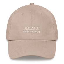 Load image into Gallery viewer, Stone embroidered empowering women&#39;s statement baseball hat. &#39;Impact over influence&#39; Ethically made. Still cute AF. [minimalist apparel//sweatshop free]