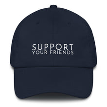 Load image into Gallery viewer, Navy blue embroidered empowering women&#39;s statement baseball hat. &#39;Support Your Friends&#39; Ethically made. Still cute AF. [minimalist apparel//sweatshop free]