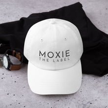 Load image into Gallery viewer, White embroidered empowering women&#39;s statement baseball hat. &#39;Moxie The Label&#39; signature design. Ethically made. Still cute AF. [minimalist apparel//sweatshop free]