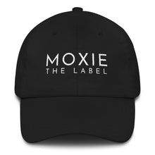 Load image into Gallery viewer, Black embroidered empowering women&#39;s statement baseball hat. &#39;Moxie The Label&#39; signature design. Ethically made. Still cute AF. [minimalist apparel//sweatshop free]