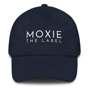 Navy blue embroidered empowering women's statement baseball hat. 'Moxie The Label' signature design. Ethically made. Still cute AF. [minimalist apparel//sweatshop free]