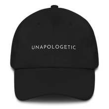 Load image into Gallery viewer, Black embroidered empowering women&#39;s statement baseball hat. &#39;Unapologetic&#39; Ethically made. Still cute AF. [minimalist apparel//sweatshop free]