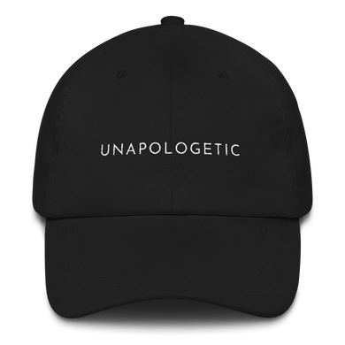 Black embroidered empowering women's statement baseball hat. 'Unapologetic' Ethically made. Still cute AF. [minimalist apparel//sweatshop free]
