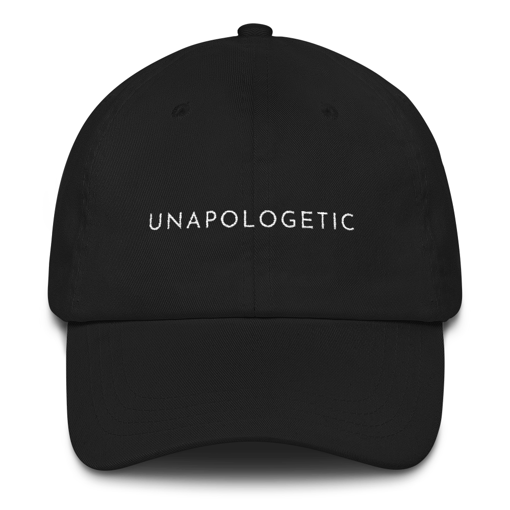 Black embroidered empowering women's statement baseball hat. 'Unapologetic' Ethically made. Still cute AF. [minimalist apparel//sweatshop free]
