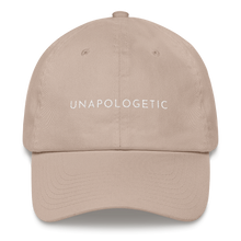Load image into Gallery viewer, Stone embroidered empowering women&#39;s statement baseball hat. &#39;Unapologetic&#39; Ethically made. Still cute AF. [minimalist apparel//sweatshop free]